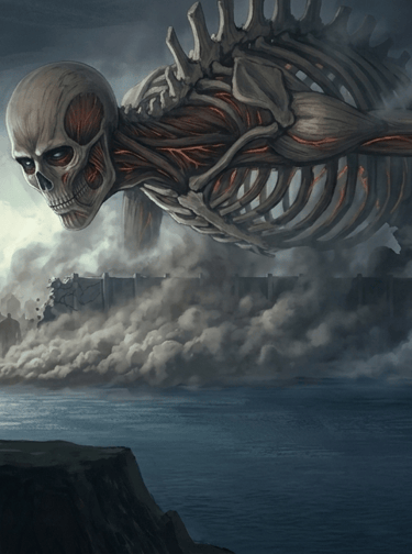 Giant skeletal Founding Titan looming over a broken wall with steam and Colossal Titans in the background.