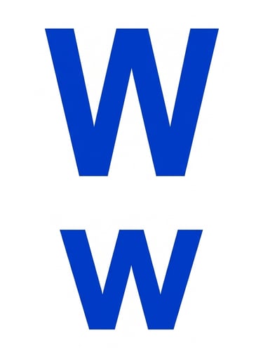 A simple graphic featuring a large blue capital letter W stacked above a smaller blue capital W.