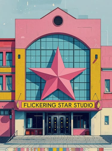 Flickering Start Studio theater, pink star in front.