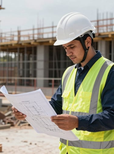 Medium shot of a professional engineer in a white hardhat and safety vest reviewing blueprint plans on an active construction site in Oxapampa, bright natural daylight, sharp technical details, 35mm lens