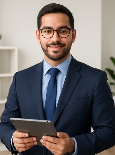 Professional businessman in a blue suit holding a digital tablet in a modern office.