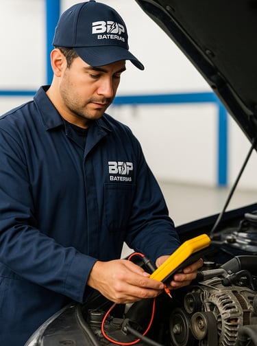 Técnico de BDP Baterías a Domicilio en Panamá realizando prueba de diagnóstico del alternador para g