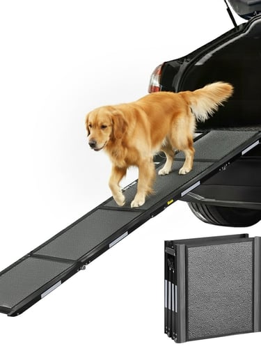 Lange opvouwbare aluminium hondenloopplank voor auto's met reflectiestrips en antislip.