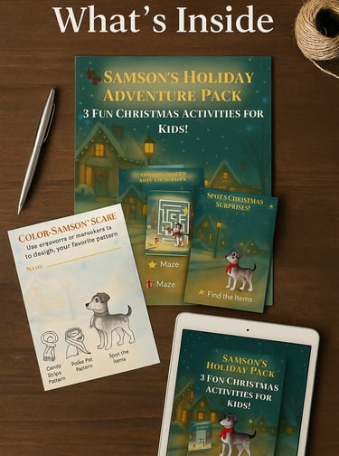 Samson’s Holiday Activity Pack preview showing Christmas maze, search-and-find game, & coloring page