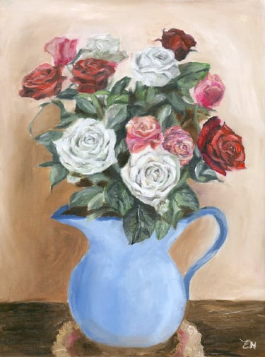an oil painting of a varied bouquet of roses in a blue vase sitting on a doily on the table against a shady beige background