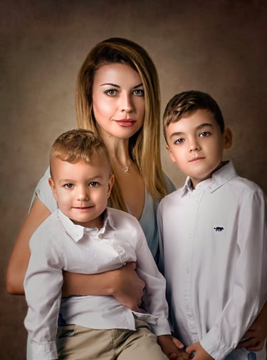 a mother and her sons posing for a family portrait, fine art portrait photography