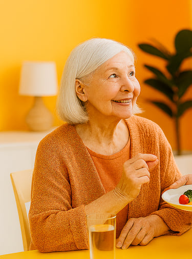 Ayudante dando plato comida señora.
