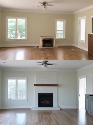 A two-story house under renovation with new brickwork being added. A black tarp covers construction materials in the foreground, surrounded by wood and other building materials. The house features a light brown exterior with two windows on the upper floor, white-framed doors, and a partially completed extension on the ground floor.