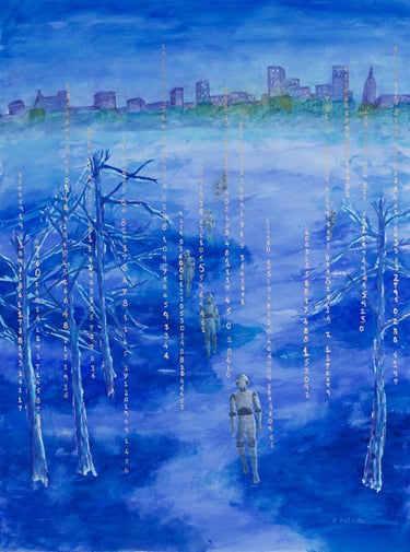 Watercolor  painting of humanoid robots leaving a city to venture into the (virtual) world