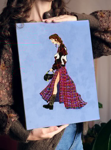 Embroidery artwork of a fashion illustration ; a woman is walking with Dior bag and kilt skirt 