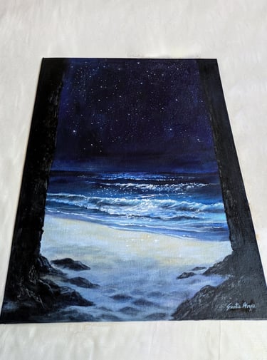 Wide expanse of night sky, sea, and white sand seen from a dark threshold. Original painting by Geeta Arya.