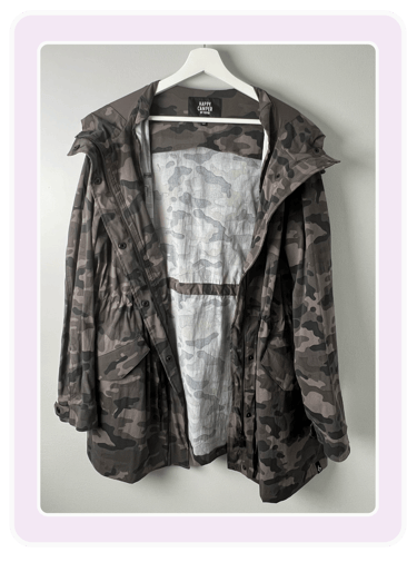 Happy Camper by Torrid camouflage hooded parka jacket hanging on a white hanger against a gray wall.