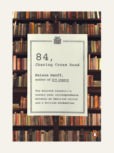 Book cover of 84, Charing Cross Road by Helene Hanff featuring a library bookshelf background.