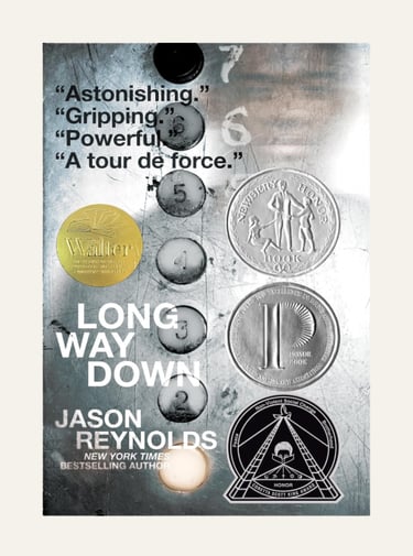 Book cover of Long Way Down - coins of various sizes in silver and one in gold