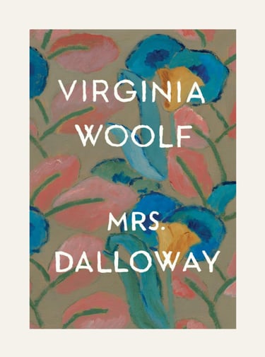 book cover of Mrs Dalloway - watercolor background blue, green red and some yellow