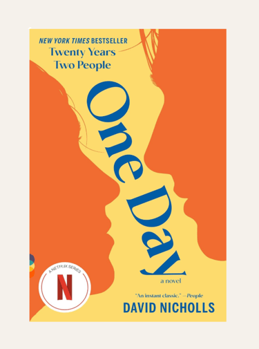 book cover orange face profiles on yellow background of novel called One Day