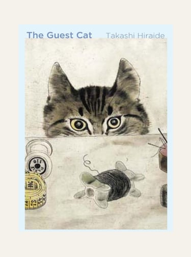 Book cover for The Guest Cat by Takashi Hiraide featuring an illustration of a tabby cat peeking over sewing supplies.