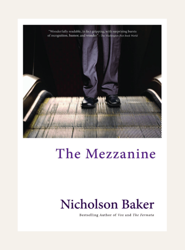 Book cover of The Mezzanine - man's feet coming up on an escalator