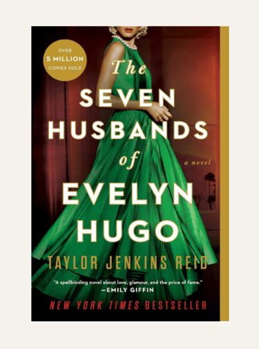 book cover with woman in green dress for The Seven Husbands of Evelyn Hugo