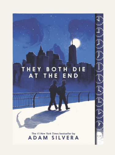 book cover with city skyline in blue and two silhouettes walking of novel They Both Die at The End