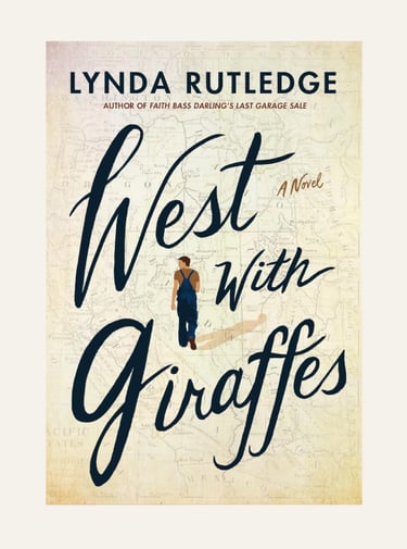 Book cover for West With Giraffes by Lynda Rutledge featuring a vintage map and a person walking.