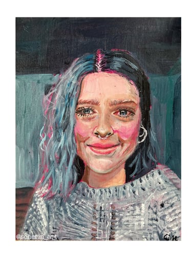 a painting of a woman with blue hair and a friendly smile