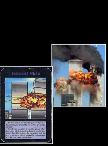 Uma foto de 2001 ao lado da Carta de 1995 mostrando as torres gêmeas pegando fogo no dia 11/09/2001