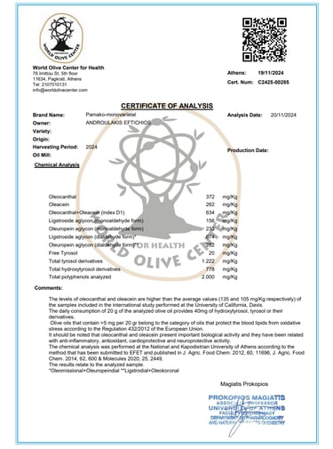 Pamako olive oil certificate
