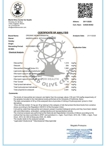 Lab test certificate showing high polyphenol count for Pamako olive oil 2025