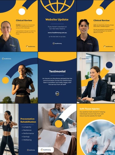 Healthmarq clinical review and physical rehabilitation testimonials collage featuring healthcare professionals and patients.