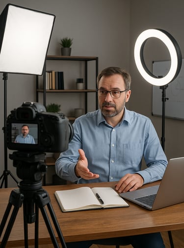 Setup-gravação-caseiro-profissional-câmera-iluminação-professor-gravando-aula