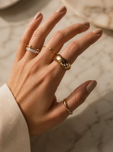 A hand wearing a curated stack of gold rings including a thick dome ring and a diamond eternity band.