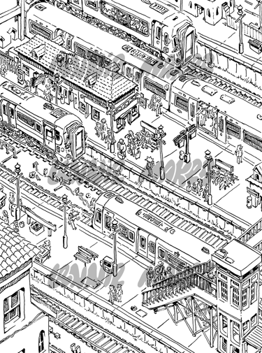 Aesthetic black and white Illustration, digital fineliner drawing, detailed artwork, urban art print