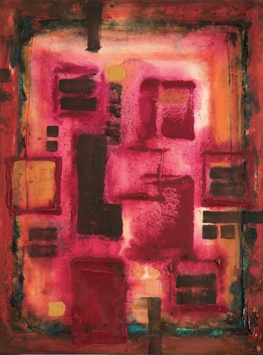 Abstract oil painting with vibrant red and pink hues, featuring dark geometric squares and textured brushwork.