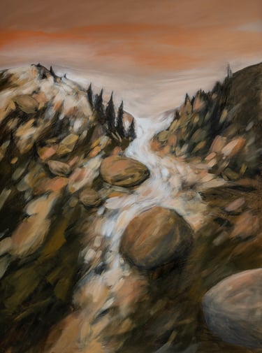 peinture d'un torrent entre les pente de la montagne