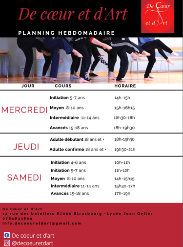 Planning hebdomadaire des cours de danse