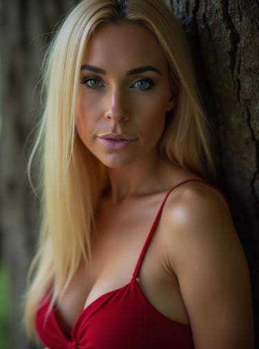 a woman in a red dress posing for a picture