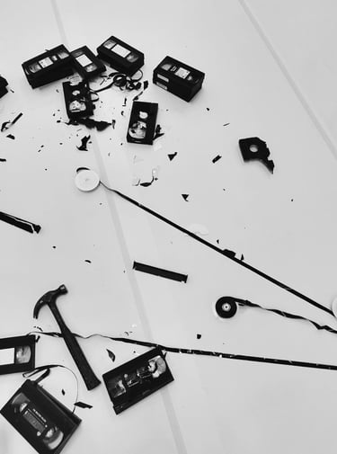 performance art installation hammer breaking old vhs tapes and unwinding the tape tapes in drag