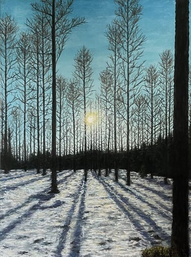 Tableau au pastel - sous-bois en hiver avec soleil couchant
