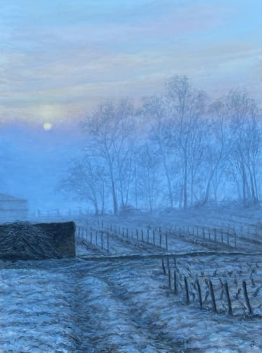 Tableau à l'huile - Lever de soleil dans le brouillard