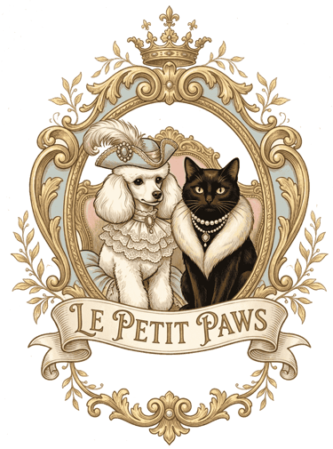 Vintage Le Petit Paws logo featuring a regal white poodle and black cat in an ornate gold frame.