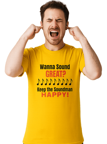 soundman with fingers stuck in ears wearing a humorous graphic t-shirt