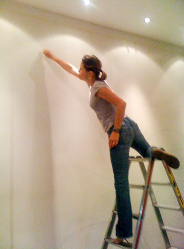 Stefanie on ladder sketching a mural.