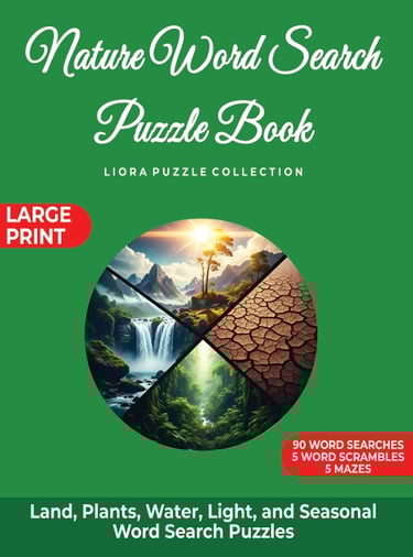 Nature Word Search Puzzle Book cover featuring illustrated landscapes and seasons.