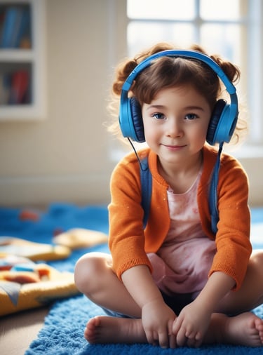 Uśmiechnięta i skupiona dziewczynka w pomarańczowym sweterku siedzi w słuchawkach na podłodze.