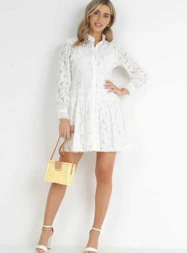 Rochie Jolley albă, mini cu croi de cămașă, nasturi, dantelă decorativă, manșete cu nasturi
