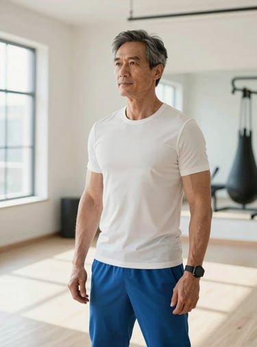 A sophisticated fitness coach in their 50s, looking lean and powerful, standing confidently in a clean, high-end private training studio. The lighting is bright and natural. Color palette includes Crisp Off-White and Steel Blue.