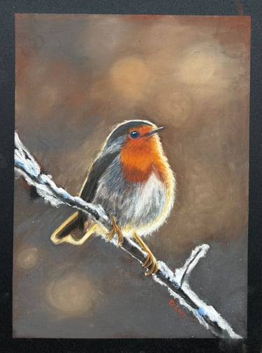 Soft pastel drawing of a Robin on a frosty twig