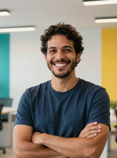 Professional headshot of a Brazilian climate mentor smiling confidently in an open, bright modern workspace with minimalist decor. Soft overhead lighting, modern South American office aesthetic with subtle teal and vibrant yellow brand details, clean high-contrast photography.