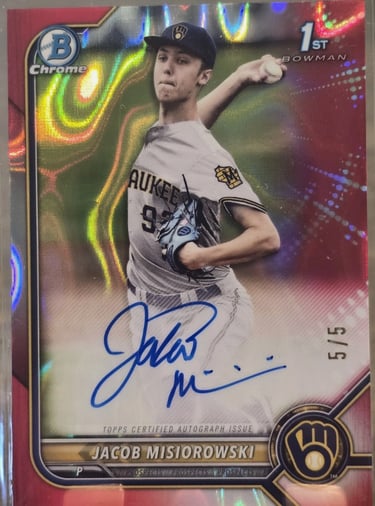 "Jacob Misiorowski first autograph red parallel card numbered 1 of 5 with on-card signature."